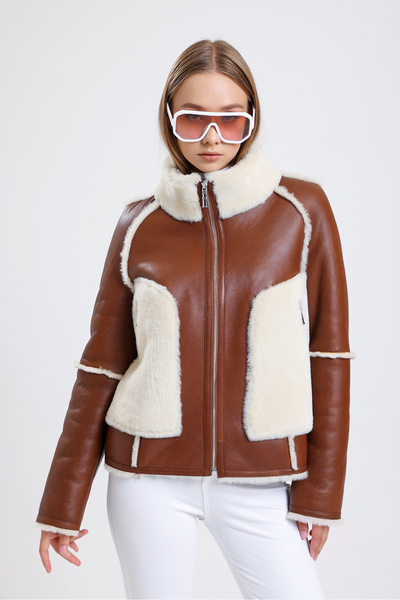 By Marki Marki Kahverengi Deri Ceket, Beyaz Kürklü, Dik Yaka, Içi Kürklü Şık ...