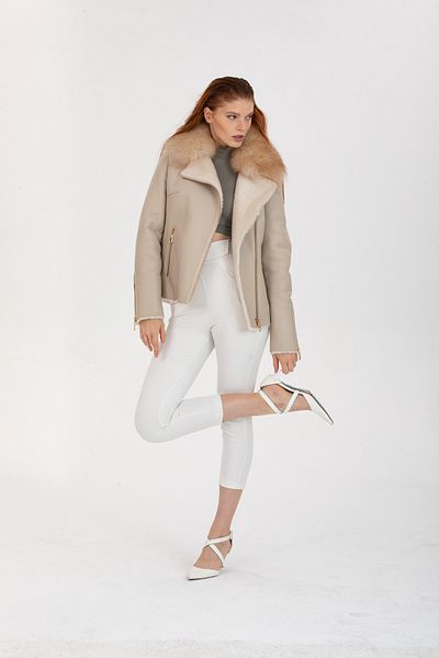 By Marki Marki Beige Genuine Leather Jacket, Double Breasted Women's Leather Jacket, Fur Collar Jacket, White Fur Inside -113522
