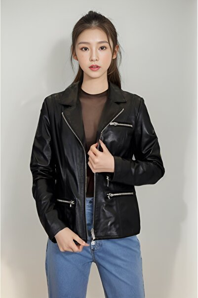 By Marki Marki Hakiki Deri Ceket, Kadın Siyah Deri Ceket, Fermuar Detaylı, Fi...