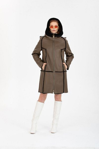 By Marki Marki Women's Genuine Leather Coat, Brown Fur Hooded Long Coat, Long Women's Coat -113422