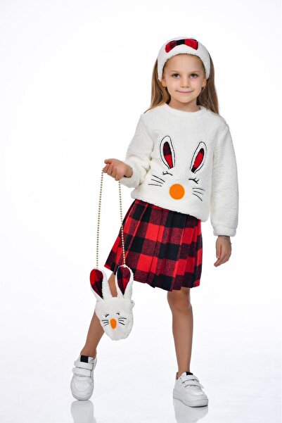 Kamex Red Black Girl's Set - Plush Plaid Skirt, Bag and Bandana Accessory