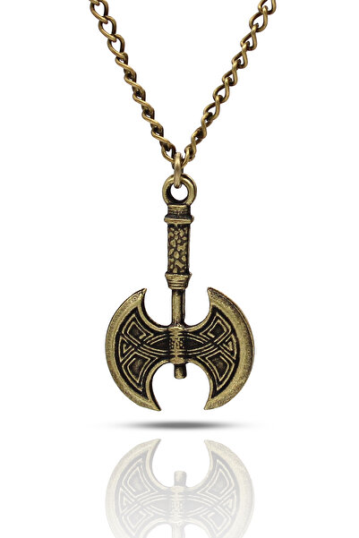 kolbi قلادة فأس فايكنغ مطرزة برأسين - سلسلة كلاسيكية مطلية باللون الأصفر العتيق