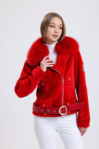 By Marki Marki Red Women's Leather Jacket - Special Fur Collar, Astrakhan, Furry, Belt - 111822