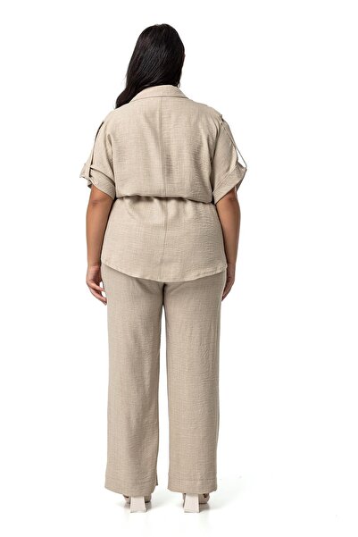 DISENTIS MODEST Beige Colored Plus Size Shirt and Trousers Set - Half Sleeve