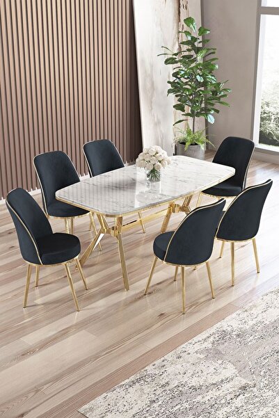 Canisa Lena Serisi 90x160 Lak Panel Beyaz Mermer Desen Gold Ayaklı Masa Takımı ve 6 Antrasit Sandalye