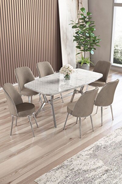 Canisa Lena Serisi 90x160 Lak Panel Beyaz Mermer Desen Krom Ayaklı Masa Takım...