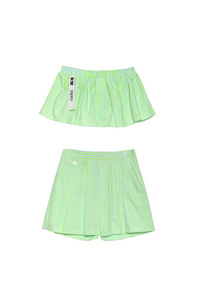 Quzu Green Striped Blouse and Shorts Skirt Set