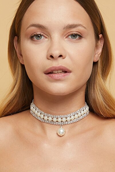 Furtek Aksesuar Kadın Inci Model Zirkon Taşlı Pırlanta Gümüş Kolye Gerdanlık Abiye Düğün Nişan Gelin Tasma Choker