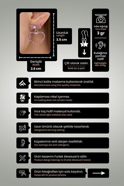 Furtek Aksesuar Women's Pink Bow Tie Heart Model Crystal Zircon Stone Daily Earring Model Evening Dress Valentine's Day