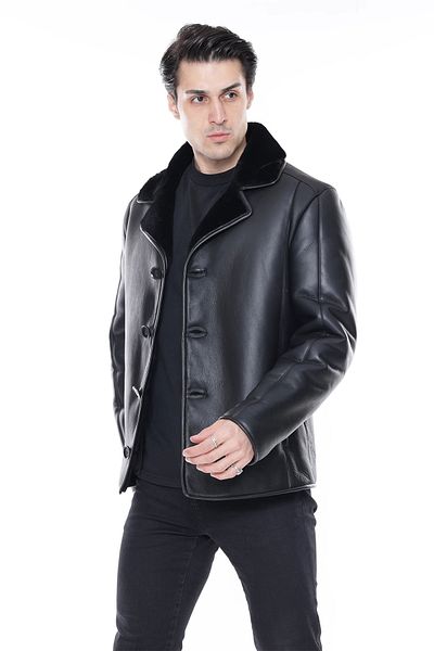 By Marki Marki Men's Black Leather Coat - Wide Collar and Button Detail 500322