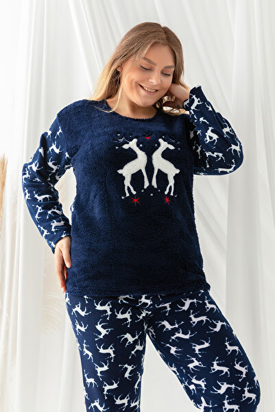 nisaNCa Set de pijamale de pluș din fleece pentru femei, cu tematică de Anul Nou, mărimi plus