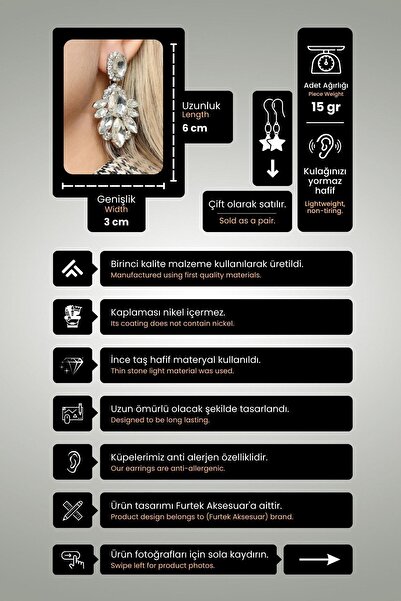 Furtek Aksesuar Kadın Damla Model Zirkon Taşlı Pırlanta Elmas Abiye Elbise Düğün Nişan Söz Kına Gelin Parti Küpe