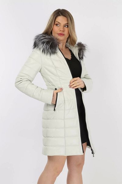 By Marki Marki White Genuine Leather Women's Puffer Jacket - Fur Detailed Hoodie, Long Puffer - 107322