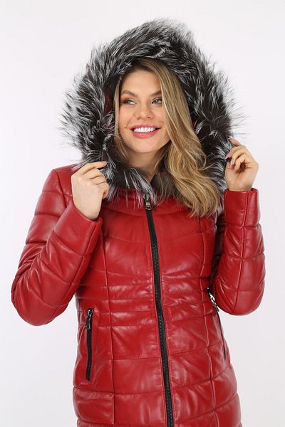 By Marki Marki Red Fur Hooded Leather Coat, Long Inflatable Genuine Leather Coat, Women's Fur Hood-104922