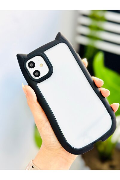 Go Aksesuar Iphone 11 Uyumlu Siyah Kulaklı Kedi Kenar Darbe Önleyici Şeffaf S...