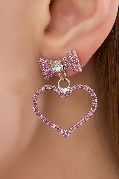 Furtek Aksesuar Women's Pink Bow Tie Heart Model Crystal Zircon Stone Daily Earring Model Evening Dress Valentine's Day