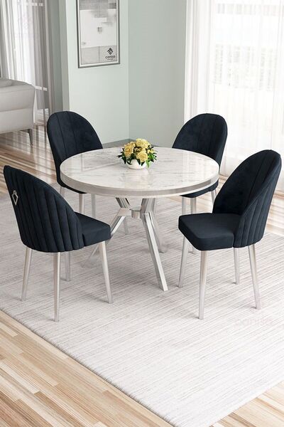 Canisa Mos Serisi 90x90 Lak Panel Beyaz Mermer Desen Mutfak Masası Takımı Ve ...