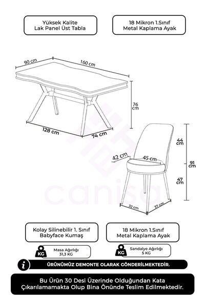 Canisa Prah Serisi 90x160 Lak Panel Beyaz Mermer Desen Krom Ayak Masa Takımı 6 Gri Sandalye