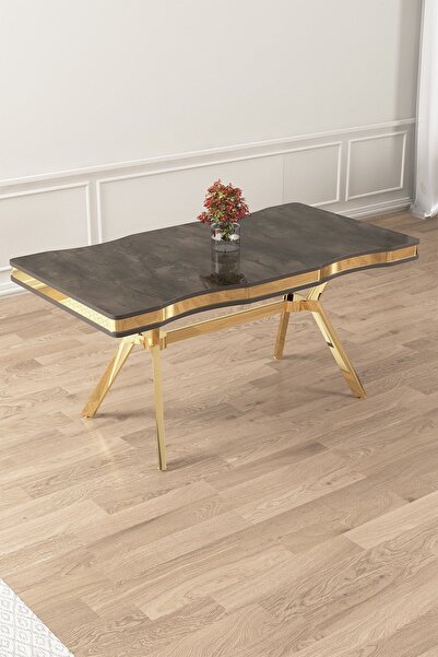 Canisa Vae Serisi 90x160 Lak Panel Antrasit Ironi Gold Ayak Masa Takımı 6 Lacivert Sandalye