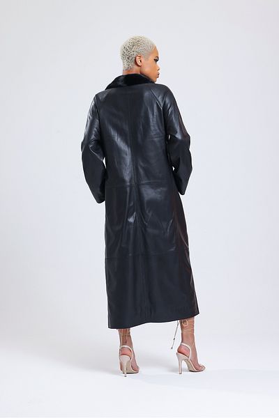 By Marki Marki 127 cm Long Genuine Leather Trench Coat - Special Fur and Belt Detail