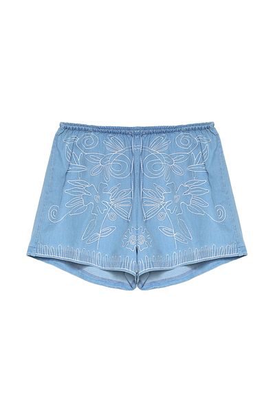Quzu Mini pantaloni scurți albaștri - Detaliați broderii și talie elastică