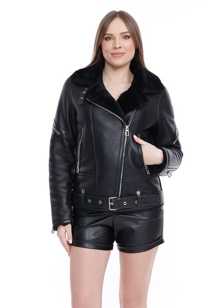 By Marki Marki Black Genuine Leather Double Breasted Collar and Belt Biker Jacket - 109422