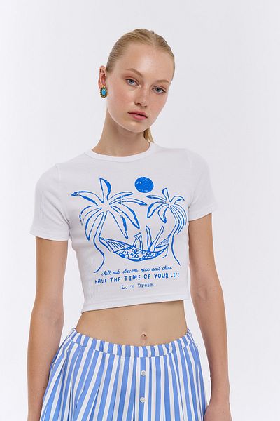Quzu Λευκό Crop T-Shirt - Palm Print Detailed