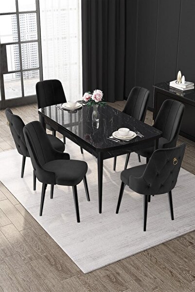 Canisa Nex Serisi 80x132 Mdf Açılabilir Siyah Mermer Masa Takımı 6 Antrasit S...