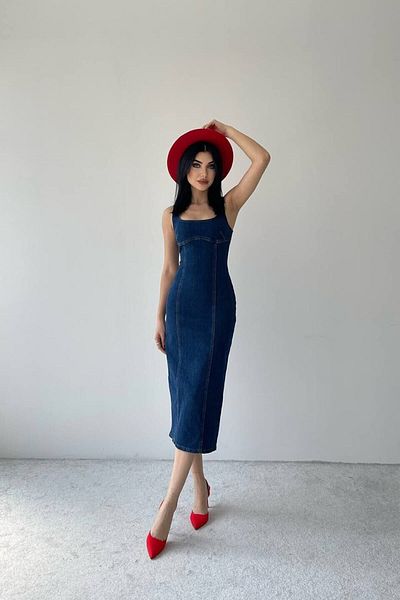 WOWBUTİK Damen Slim-Fit Dunkelblaues Trend-Jeans-Träger-Midi-Premium-Denim-Kleid mit Schlitz