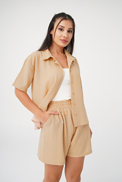 Hipo Trend Set cămașă și pantaloni scurți Camel Loose Fit