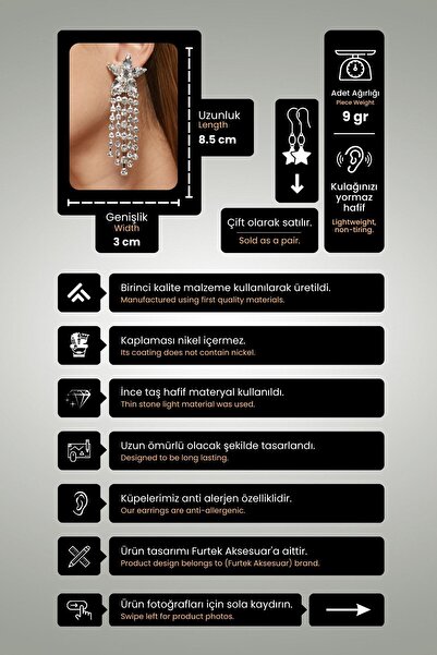 Furtek Aksesuar Kadın Yıldız Saçaklı Sallantılı Taşlı Uzun Model Gümüş Pırlanta Abiye Söz Gelin Düğün Parti Küpe