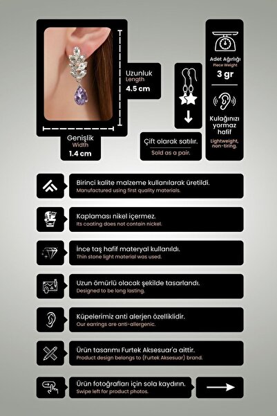 Furtek Aksesuar Kadın Lila Clara Yaprak Elmas Kristal Taşlı Model Gümüş Sallantılı Günlük Abiye Elbise Balo Küpe