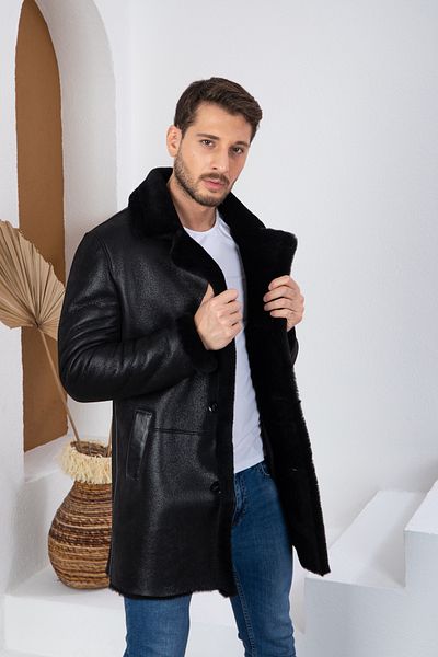 By Marki Marki Men's Leather Coat, Collared Coat, Black Inside -500522