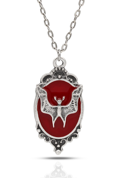 kolbi Yarasa Figürlü Madalyon Gotik Kolye - Kırmızı Mineli Antik Gümüş Kaplam...