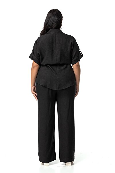 DISENTIS MODEST Black Double Suit with Half Sleeve Shirt and Trousers - Large Size