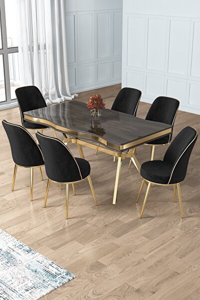 Canisa Prah Serisi 90x160 Lak Panel Antrasit Ironi Gold Ayak Masa Takımı 6 Si...