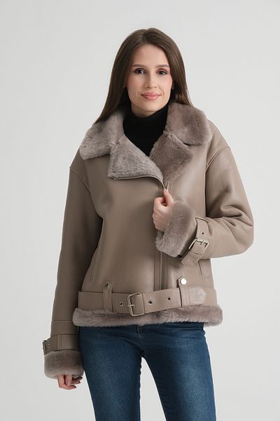 By Marki Marki Fur Cuffed Jacket, Beige Genuine Leather Jacket with Belt, Stylish and Modern Design -113922