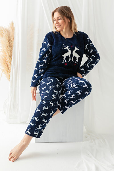 nisaNCa Set de pijamale de pluș din fleece pentru femei, cu tematică de Anul Nou, mărimi plus