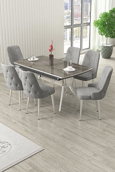 Canisa Nis Serisi 89x150 Açılabilir Lak Panel Antrasit İroni Masa Takımı 6 Gr...