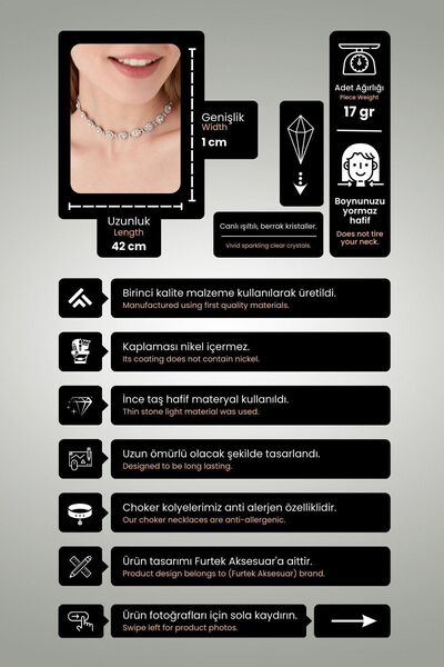 Furtek Aksesuar Kadın Armonia Gümüş Kristal Zirkon Taşlı Abiye Gerdanlık Düğün Nişan Parti Söz Kına Günlük Kolye