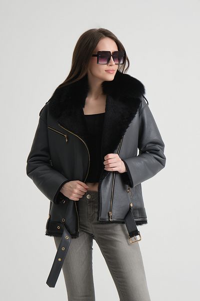 By Marki Marki Anthracite Genuine Leather Coat - Gold Zipper, Special Fur Collar, Oversize, Belted - 114422