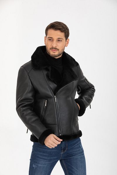 By Marki Marki Men's Genuine Leather Jacket, Fur Collar Jacket, Black Fur Inside -500722