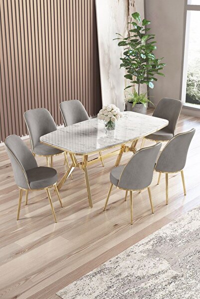 Canisa Lena Serisi 90x160 Lak Panel Beyaz Mermer Desen Gold Kaplama Ayaklı Masa Takımı ve 6 Gri Sandalye