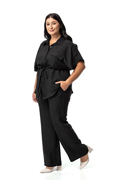 DISENTIS MODEST Black Double Suit with Half Sleeve Shirt and Trousers - Large Size