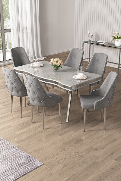 Canisa Vae Serisi 90x160 Lak Panel Beyaz Mermer Desen Krom Ayak Masa Takımı 6...