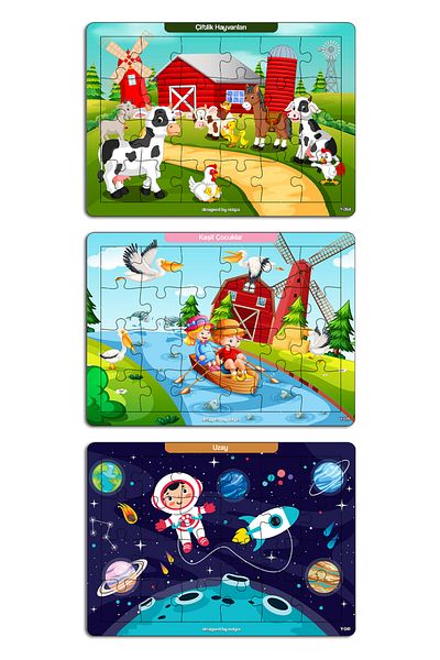 kutuTR 🧩 🌍   Educational 3-Piece Wooden Puzzle Set |   18X25Cm |   24 Pieces 🚀 🐄 🧒   Set 5