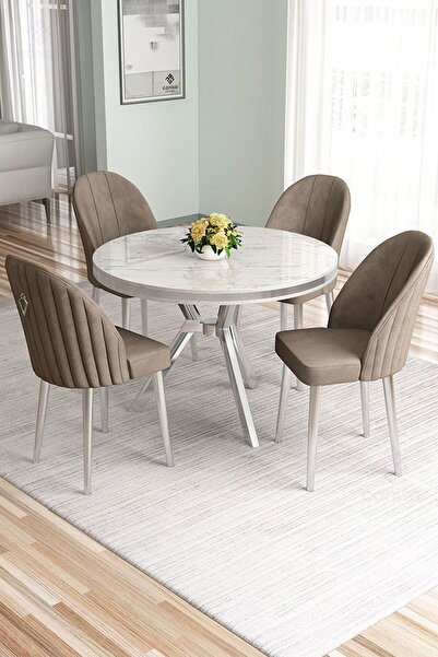 Canisa Mos Serisi 90x90 Lak Panel Beyaz Mermer Desen Mutfak Masası Takımı Ve 4 Cappucino Sandalye