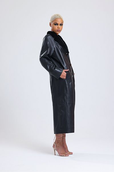 By Marki Marki 127 cm Long Genuine Leather Trench Coat - Special Fur and Belt Detail