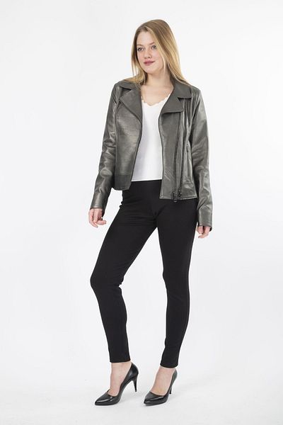 By Marki Marki Silver Colored Women's Coat - Genuine Leather, Double Breasted Collar, Zippered, Classic Design, 57 cm - 10030905