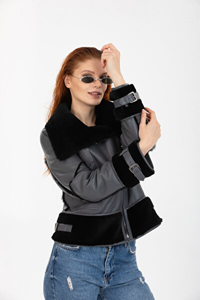 By Marki Marki Antrasit Hakiki Deri Ceket, Kadın Deri Ceket, Siyah Tüylü Deri...